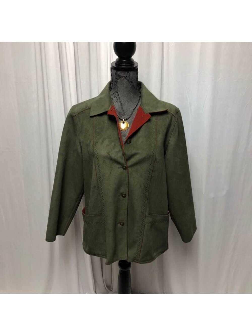 Alfred Dunner Jacket Womens Size 6 Petite Green Red Faux Suede Button Up Autumn